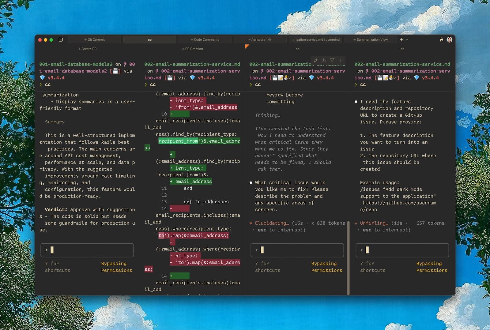 Running four parallel Claude Code agents in Warp, an AI-enabled terminal, doing different work at the same time. Source: The author.