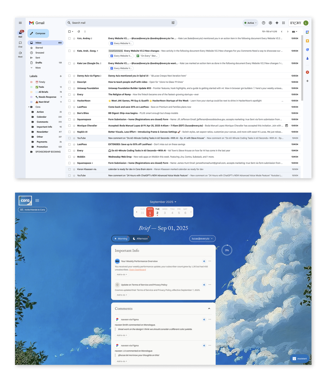 Cora (bottom) versus Gmail.