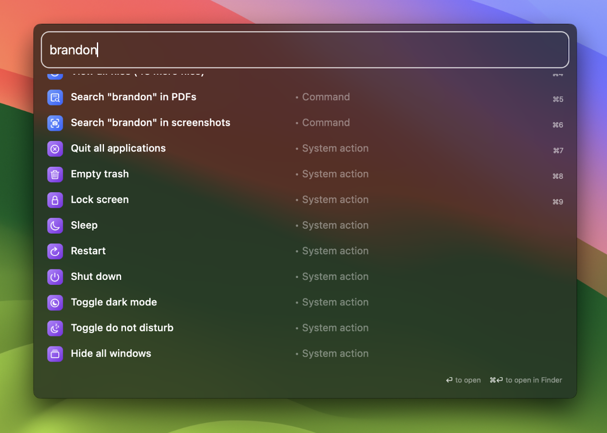“Quit all applications,” “Lock screen,” and “Empty trash” are some of the system actions you can take through Sparkle Search, without losing your flow.