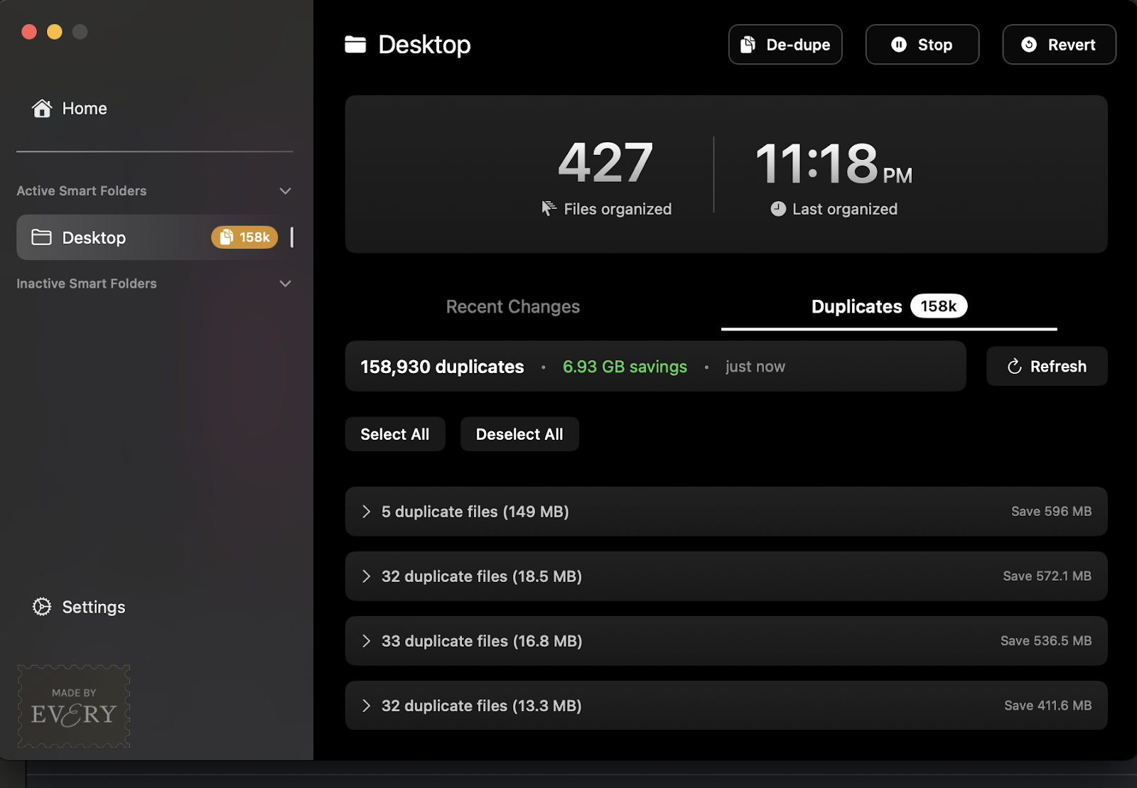 Screenshot of Sparkle identifying 158,000 duplicate files on my desktop. Source: the author.