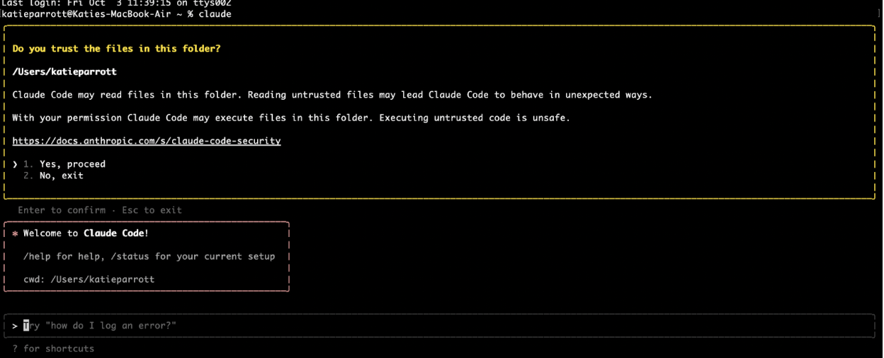 What my terminal looks like when I tee up a fresh session with Claude Code. (Source: Katie Parrott.)