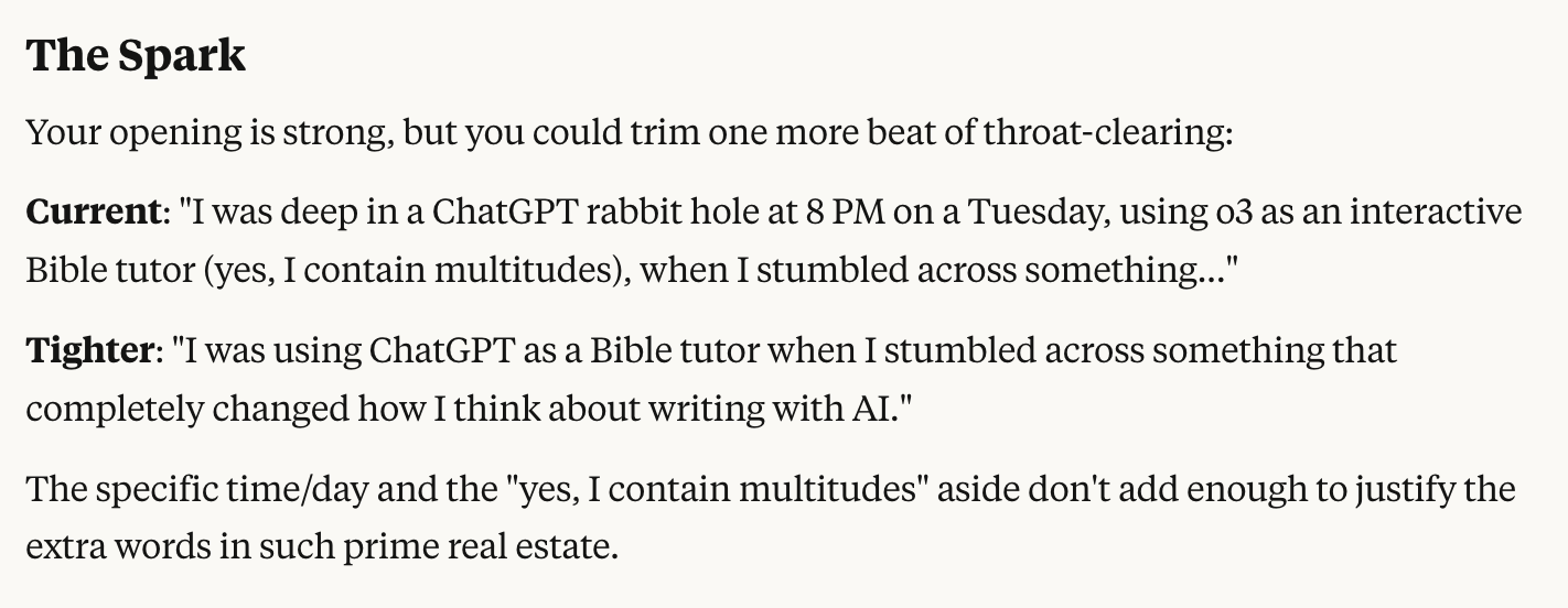 My AI Every editor wanted me to remove "deep in a rabbit hole," "8 p.m. on a Tuesday," and "yes, I multitudes" from the equation. In this instance, I met it in the middle. Source: Claude 4 Opus/the author.
